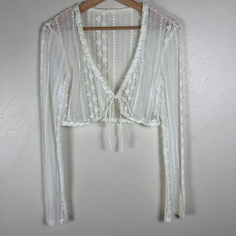 Tiger Mist White Sheer Floral Lace Cropped Tie Front Shrug Bolero Medium